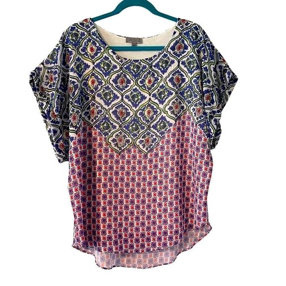 Joseph A. lined placed mixed print rounded hem short sleeve top L - Picture 1 of 13